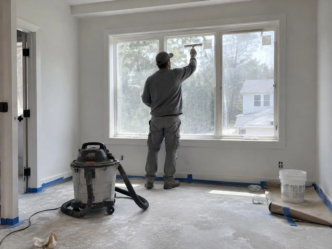 Opérateur retirant des traces de peinture sur une vitre, sol poussiéreux protégé et aspirateur de chantier — visuel illustratif généré