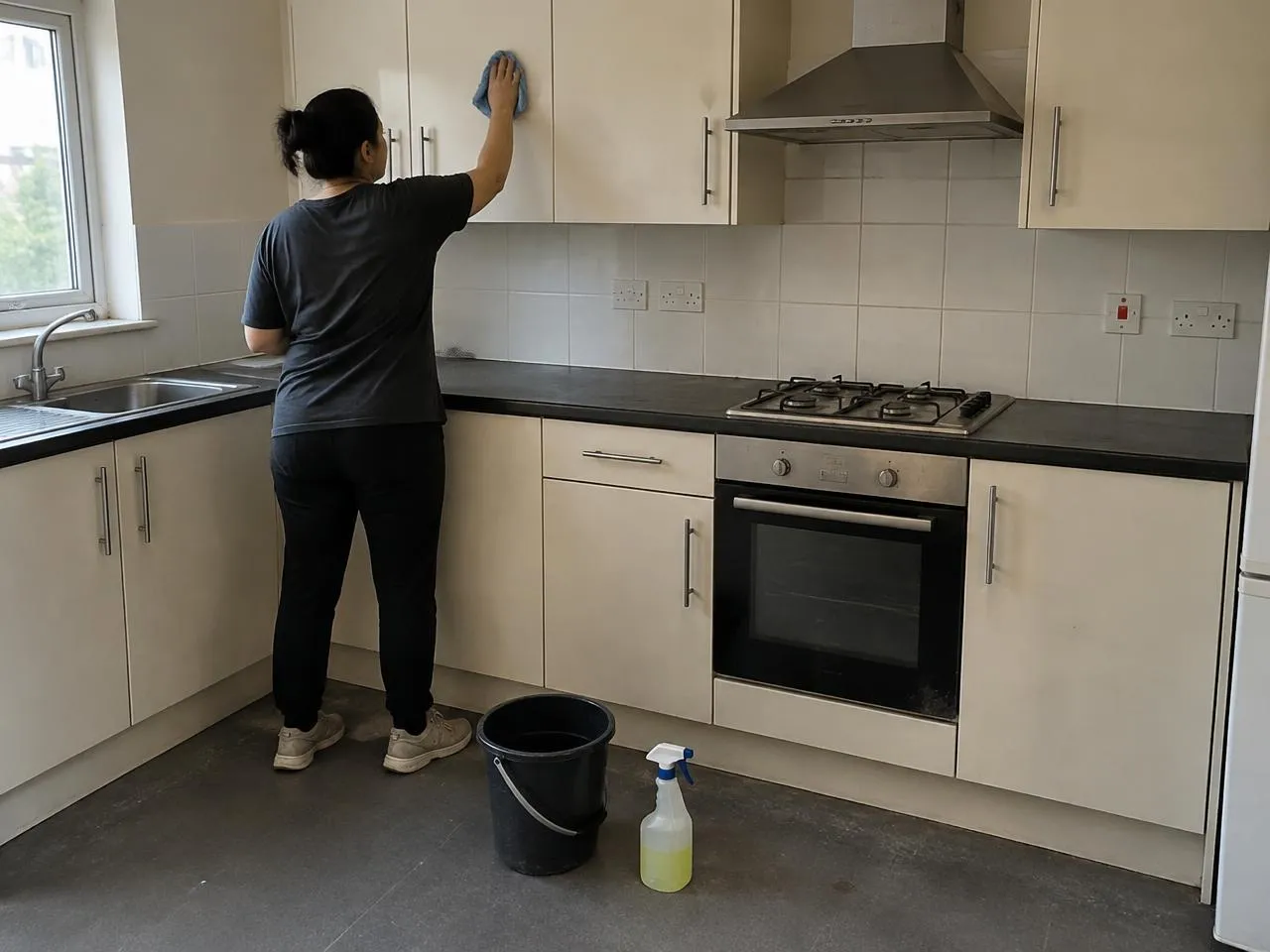 Agente nettoyant les placards d’une cuisine vide après départ des occupants — visuel illustratif généré