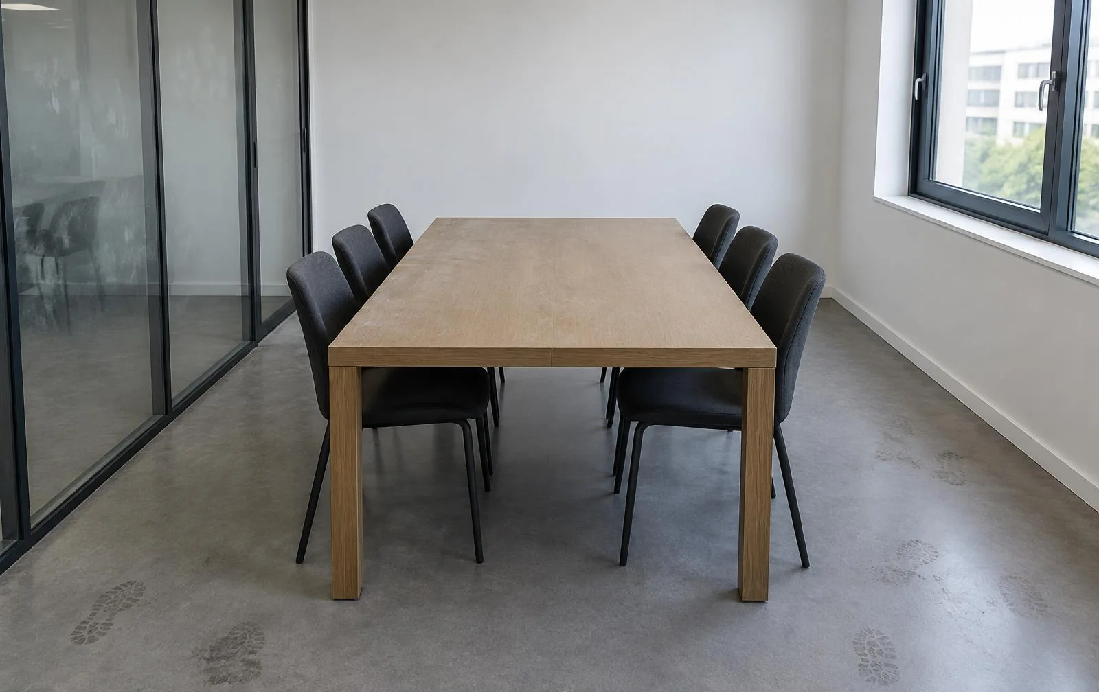Avant — Salle de réunion illustrative : table poussiéreuse, traces sur le sol et le vitrage